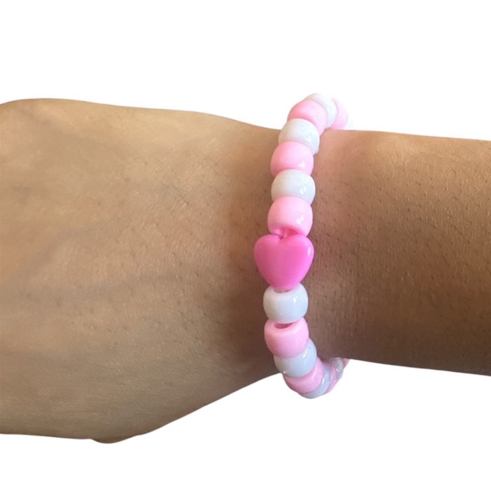 3 FOR $10 HANDCRAFTED Pink & White Pony Heart Bead Stretch Bracelet